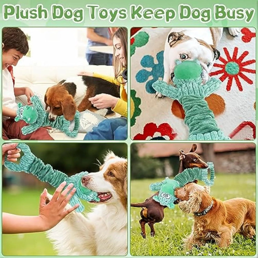 Large plush dog toy with Hippo or Monkey design featuring squeaky and crinkle sounds for interactive play