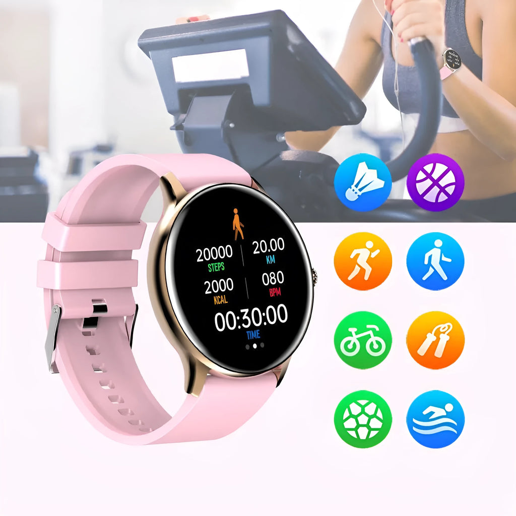 Circular smart watch with blood pressure monitoring on 1.28-inch screen and silicone strap