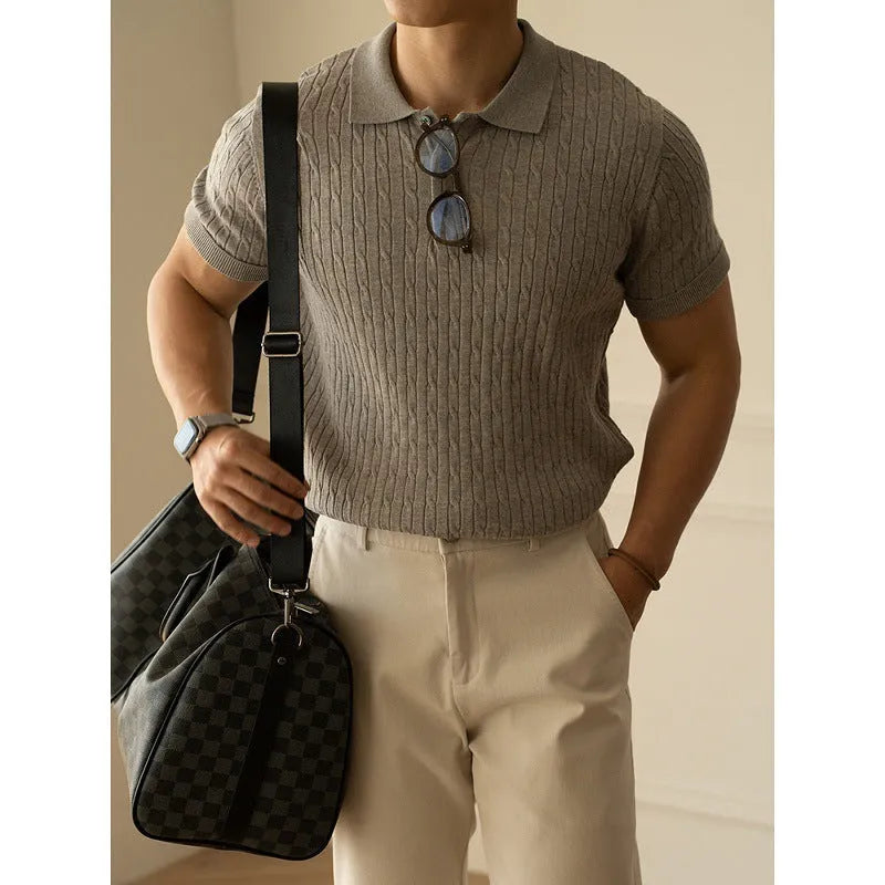 Men's khaki short sleeve polo shirt for business casual wear with Asian sizing labels