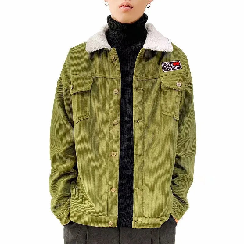 Man wearing a khaki loose-fit corduroy jacket with patch pockets