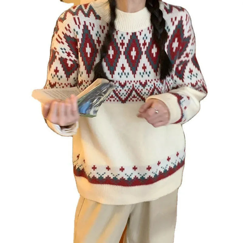 White and red striped retro style loose pullover knitted top with long sleeves