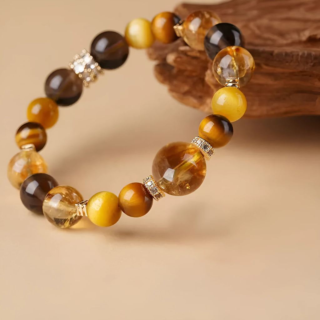 Tiger-eye crystal bracelet with geometric yellow beads in 10mm or 12mm sizes