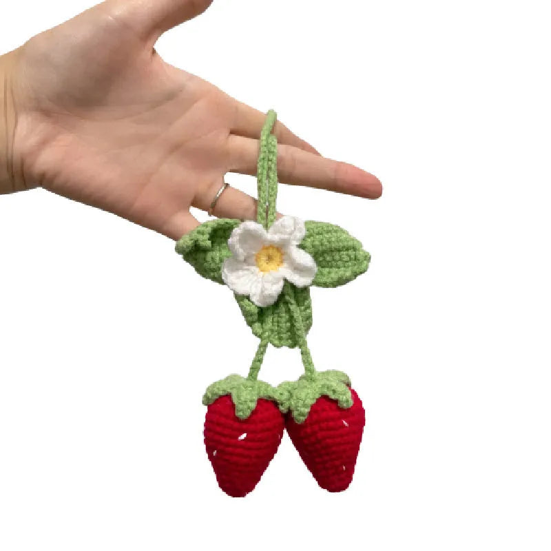 Handmade strawberry car pendant decoration with traditional hook knitting using cotton and hemp materials