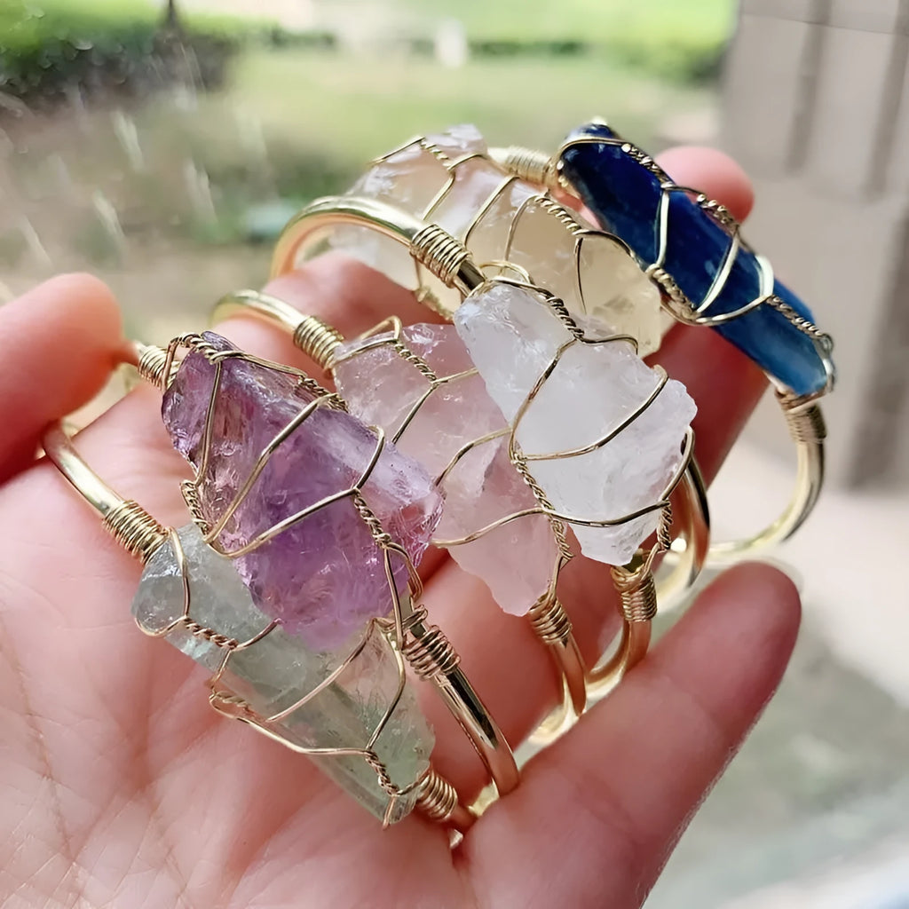 Natural crystal rough stone bracelet with gold winding geometric design