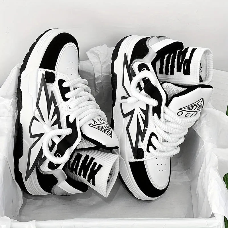 Men's white chunky sneakers with thick rubber sole, synthetic leather upper, and front lace-up.
