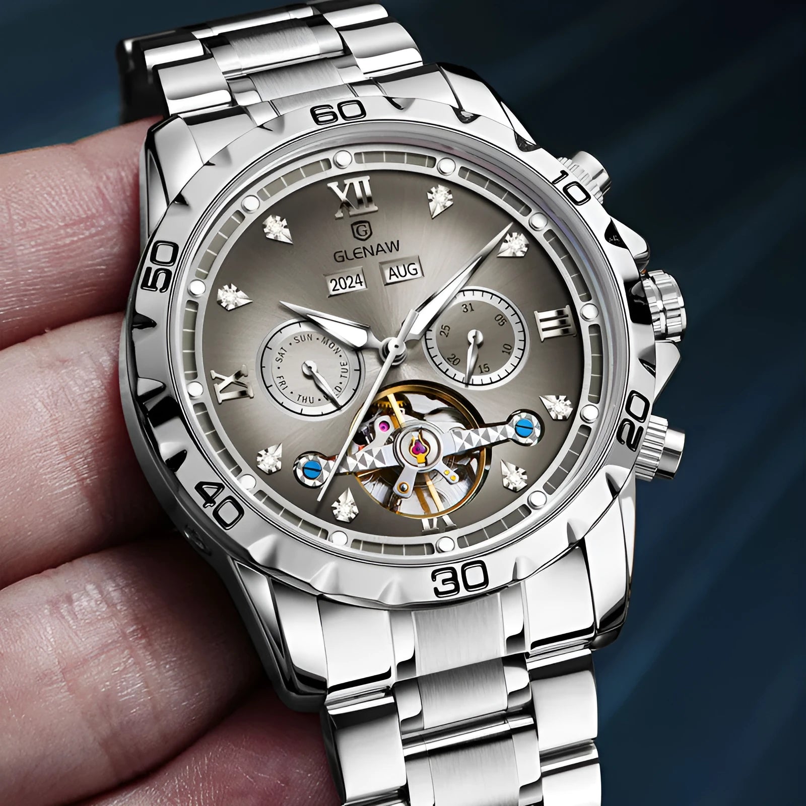 Men's automatic mechanical watch with stainless steel strap in silver and blue colour combination