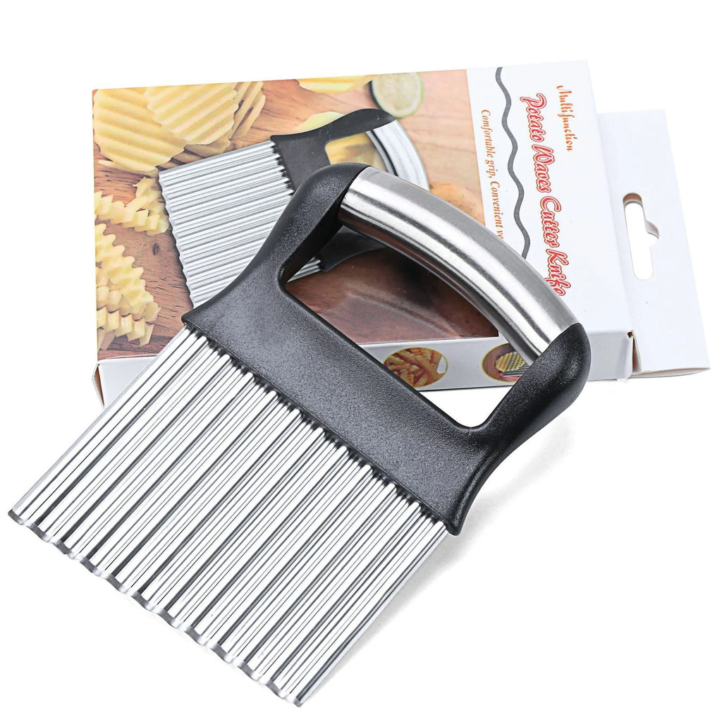 Stainless steel potato wave knife with a wavy blade on a kitchen worktop