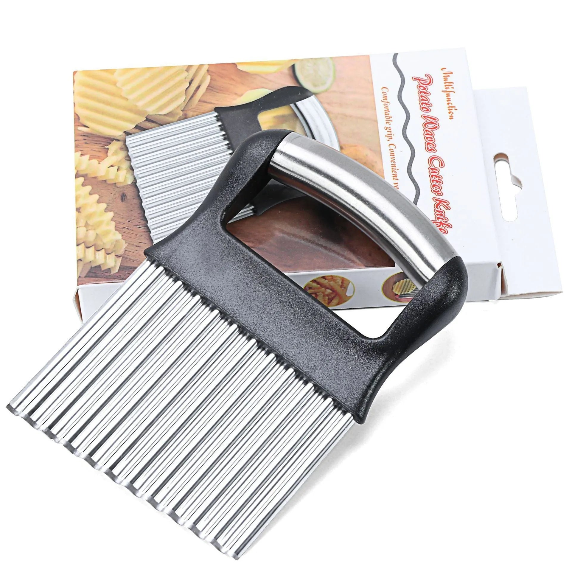 Stainless steel potato wave knife with a wavy blade on a kitchen worktop