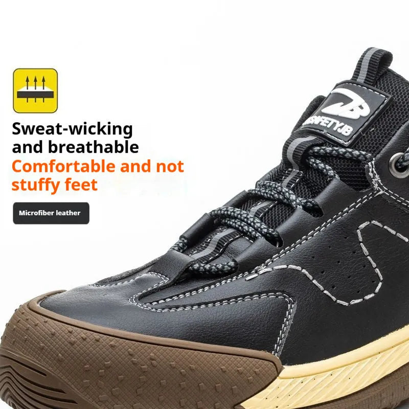 Leather Flyknit safety work shoes with rubber sole shown in black, grey, khaki, and brown colour options.