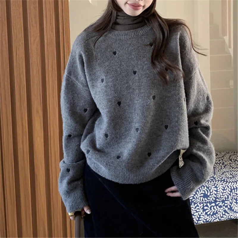 Women's acrylic pullover sweater with embroidery detailing in loose fit, crew neck and long sleeves