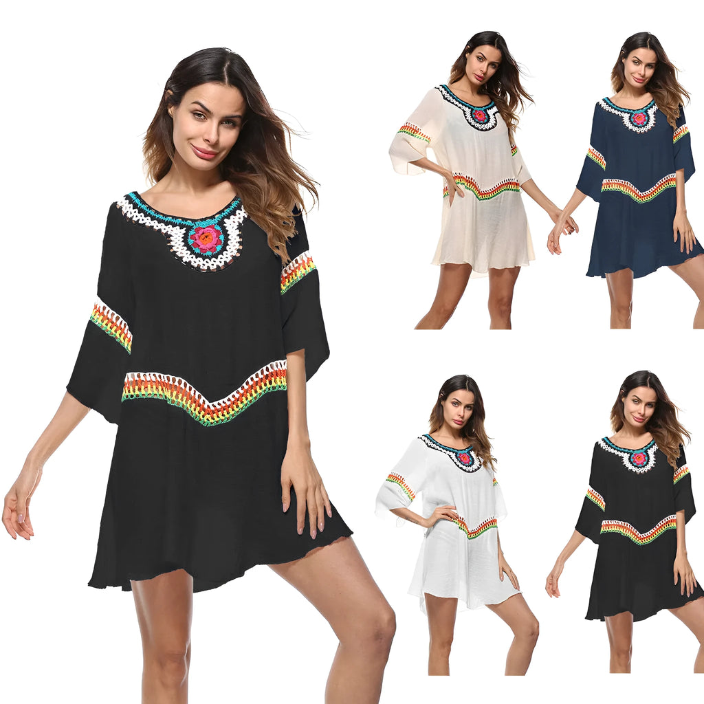 Women's crocheted ethnic style sun protection clothing beachwear in apricot colour