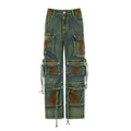 Retro colour blooming multi-pocket loose cargo denim trousers with gradient street hipster style