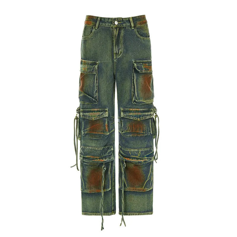Retro colour blooming multi-pocket loose cargo denim trousers with gradient street hipster style