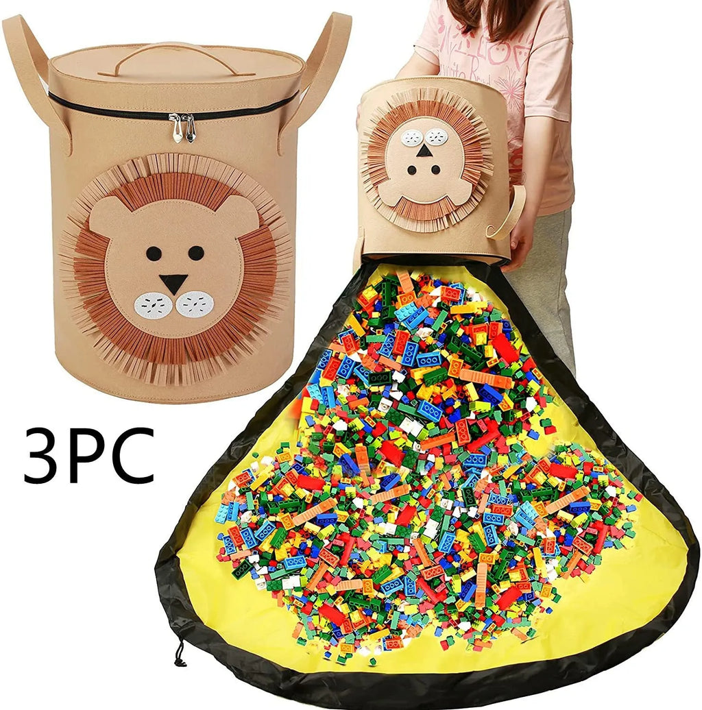 Green felt cube storage bag transformed into flat play mat with pull rope