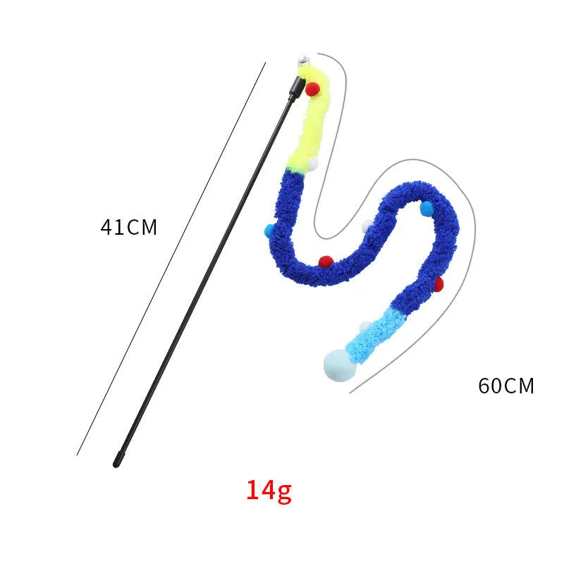 Interactive cat wand toy with a long blue plush strip, fluffy ball, and bells on a stick.