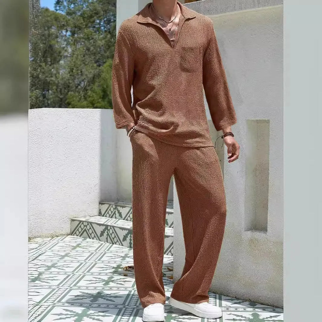Men's casual shirt and trousers set in polyester fabric for autumn leisure wear.