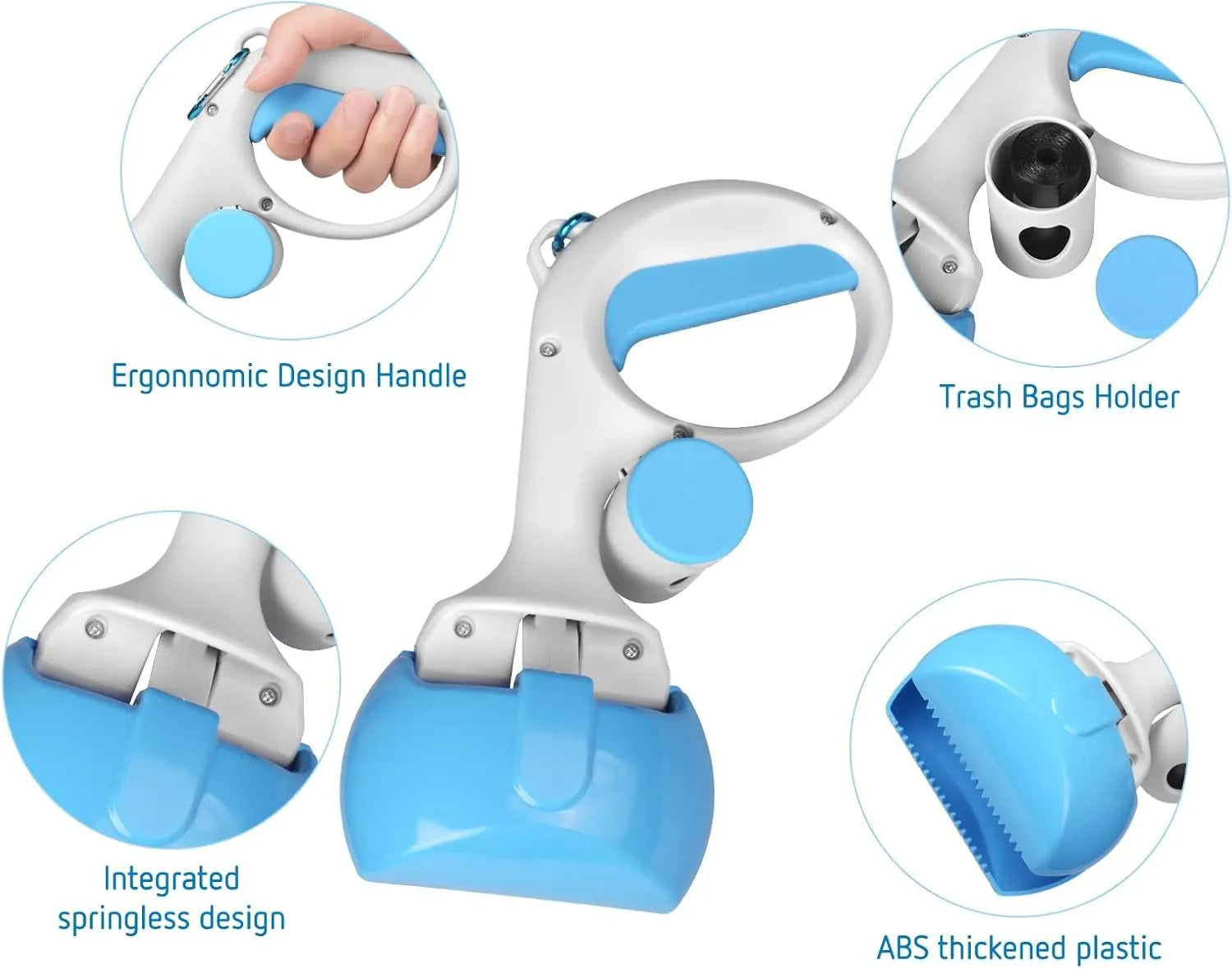 Blue plastic pet pooper scooper with built-in trash bag storage compartment and top hook.