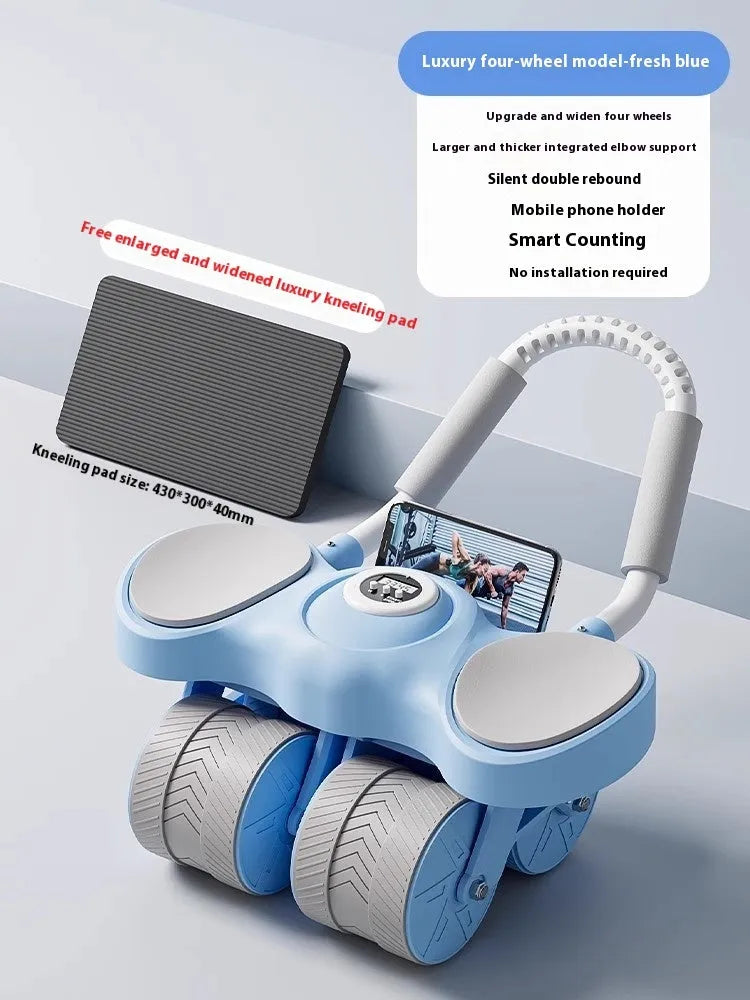 Automatic rebound abdominal wheel fitness equipment in blue, orange, or black with elbow supports.