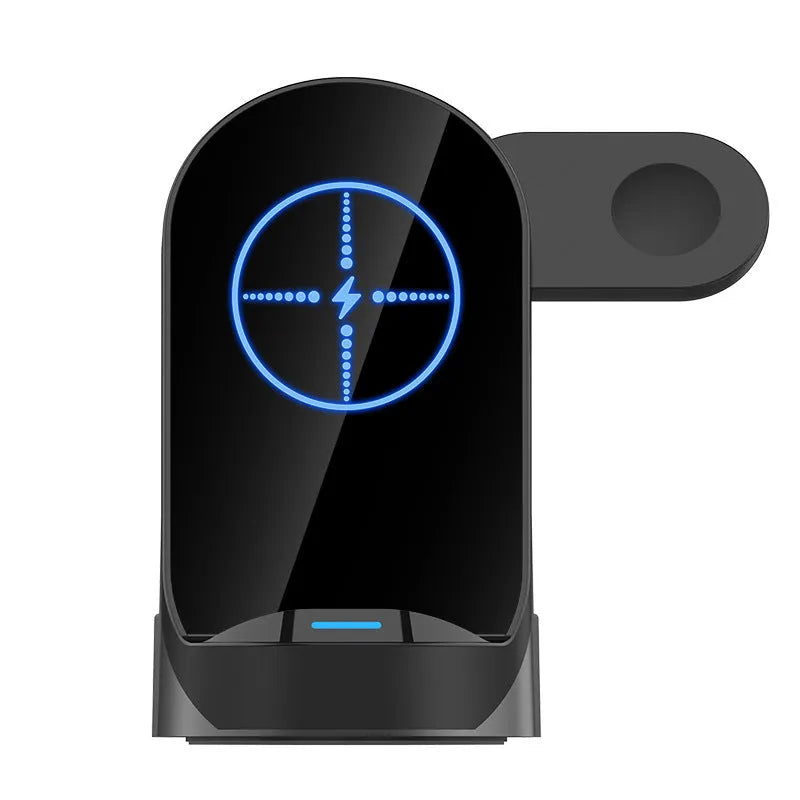 Black grey foldable 3-in-1 wireless charger vertical stand showing phone, watch and headphone charging areas