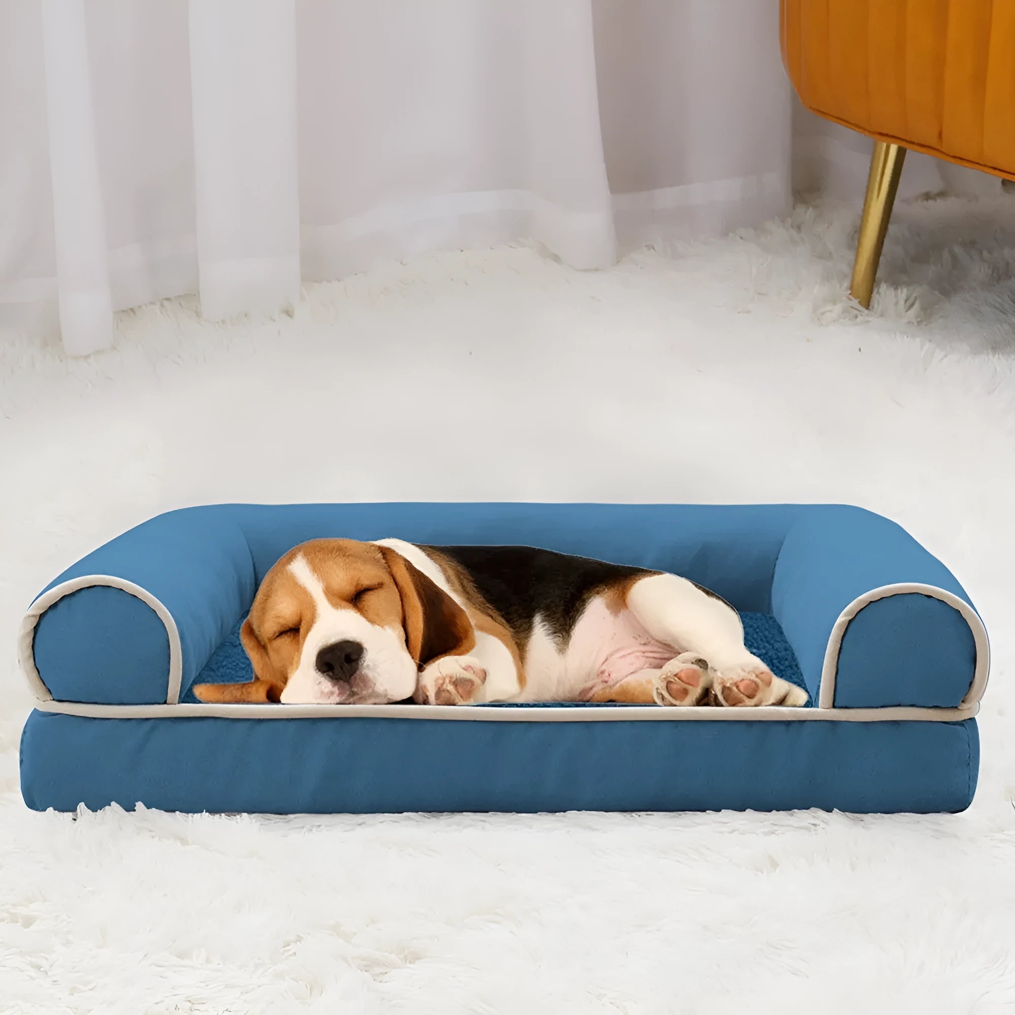 Square sponge dog bed with removable cloth cover in blue, shown next to a dark gray version.