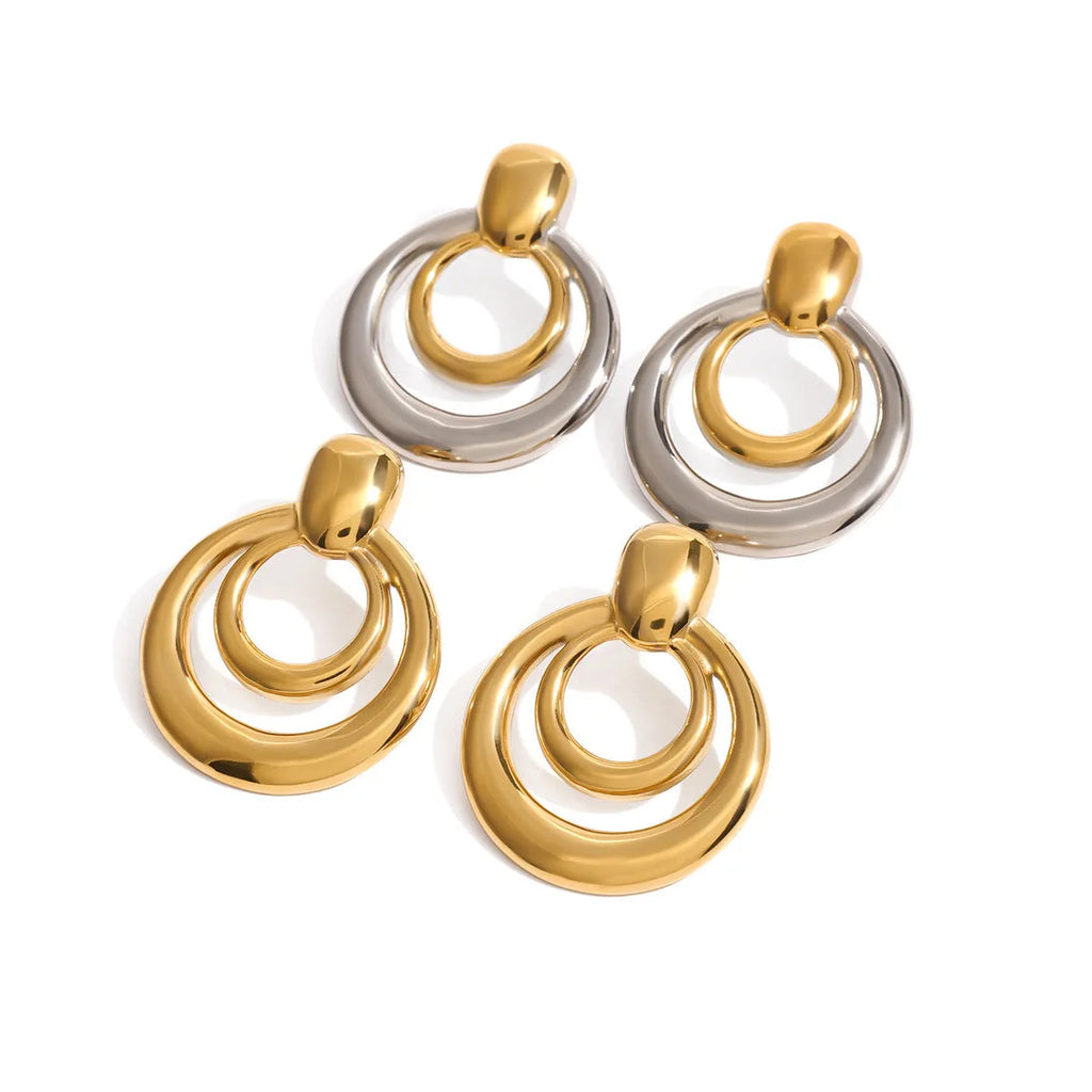 18K gold plated double layer hollow stud earrings with round geometric shape on titanium steel