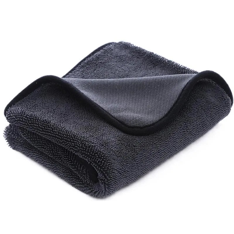 Grey braided twisted microfibre car cleaning cloth towel shown in multiple size options on a car bonnet.