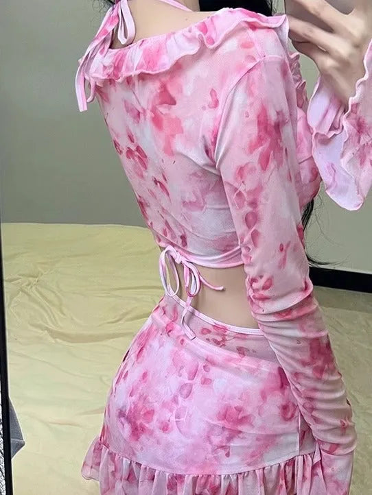 Women's floral print swimsuit bikini set cherry blossom powder colour