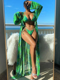 Women's long sleeve bikini set with banded briefs and matching outer robe in floral pattern