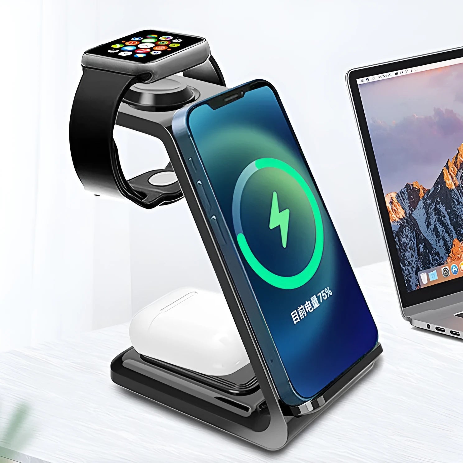 White upright wireless charging phone stand holding a mobile phone, with a black Type-C cable plugged in.