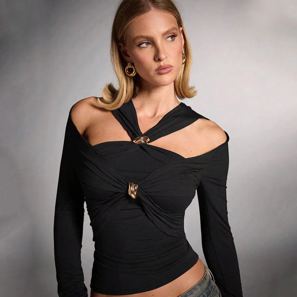 Black women's halter neck top with long sleeves and slim fit silhouette