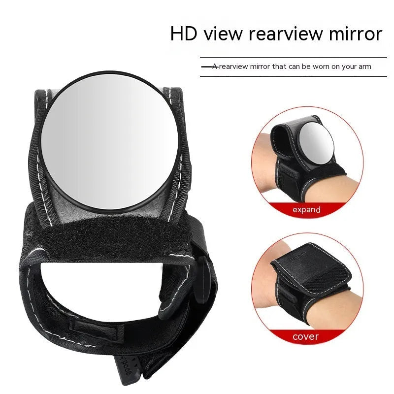 Black nylon bicycle rear-view mirror for wrist mounting during cycling