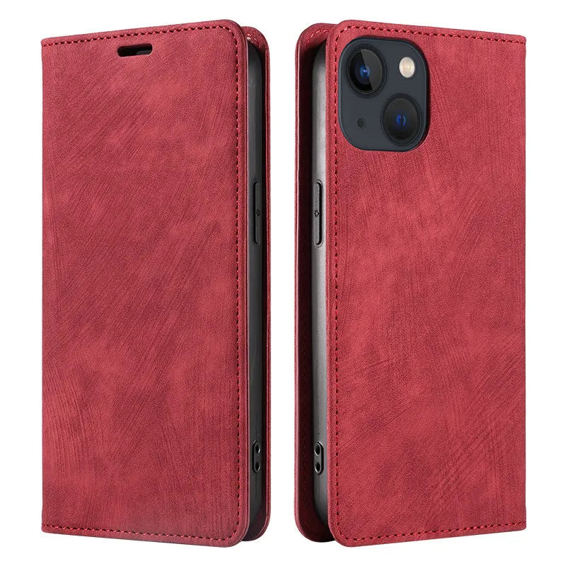 Magnetic flip iPhone case in black with TPU leather construction and magnetic closure flap