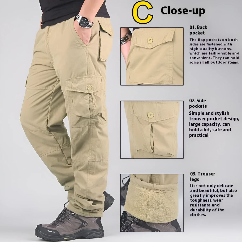 Men's khaki velvet cotton overalls with a wool lining, showing loose straight-leg fit and stonewash texture.