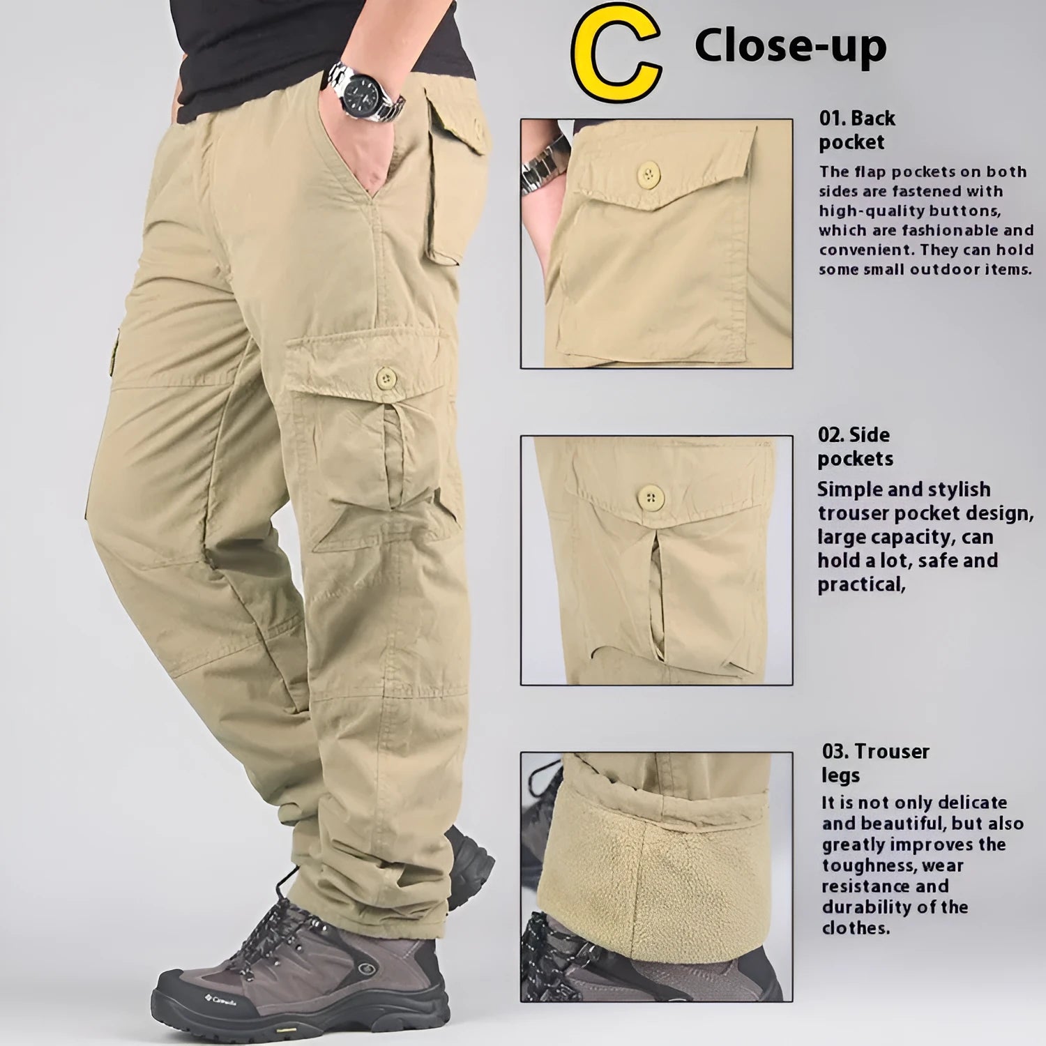 Men's khaki velvet cotton overalls with a wool lining, showing loose straight-leg fit and stonewash texture.
