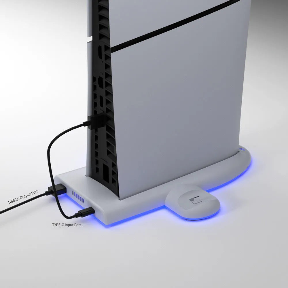 White PS5 Slim multifunction charging base with cooling fan, controller dock, and RGB lights.