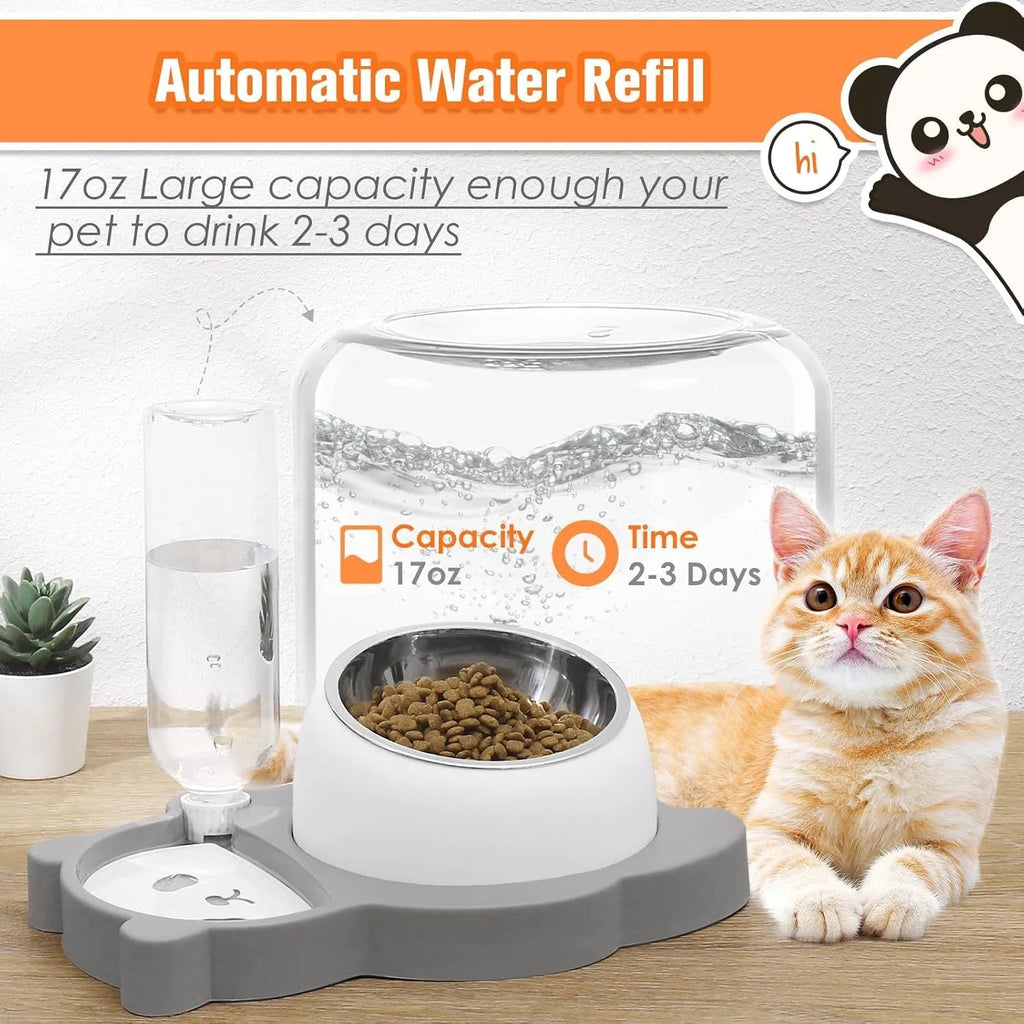 Grey panda-shaped elevated pet feeder with automatic water bottle and tilted stainless steel bowls for cats and small dogs