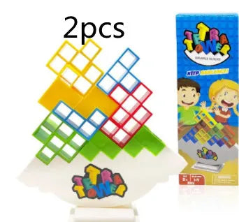 Plastic balance stacking board game with 16 colourful blocks on a chassis and base