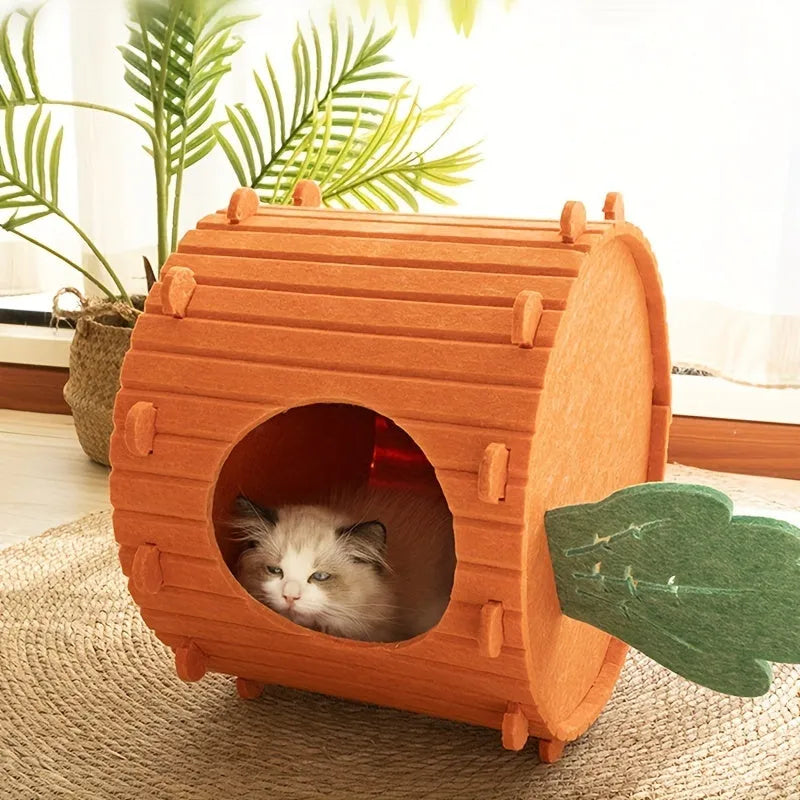 Carrot-shaped cat tunnel in polyester felt with semi-enclosed design and entry holes