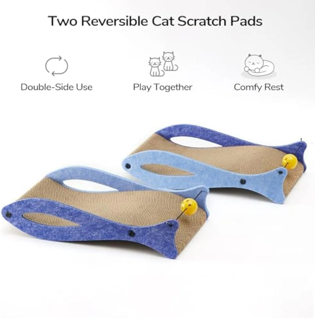 Blue fish-shaped cardboard cat scratcher with ball toy on elastic cord