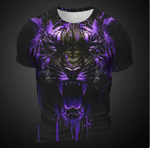 Men's grey T-shirt with detailed 3D tiger pattern on chest, short sleeves, pullover style