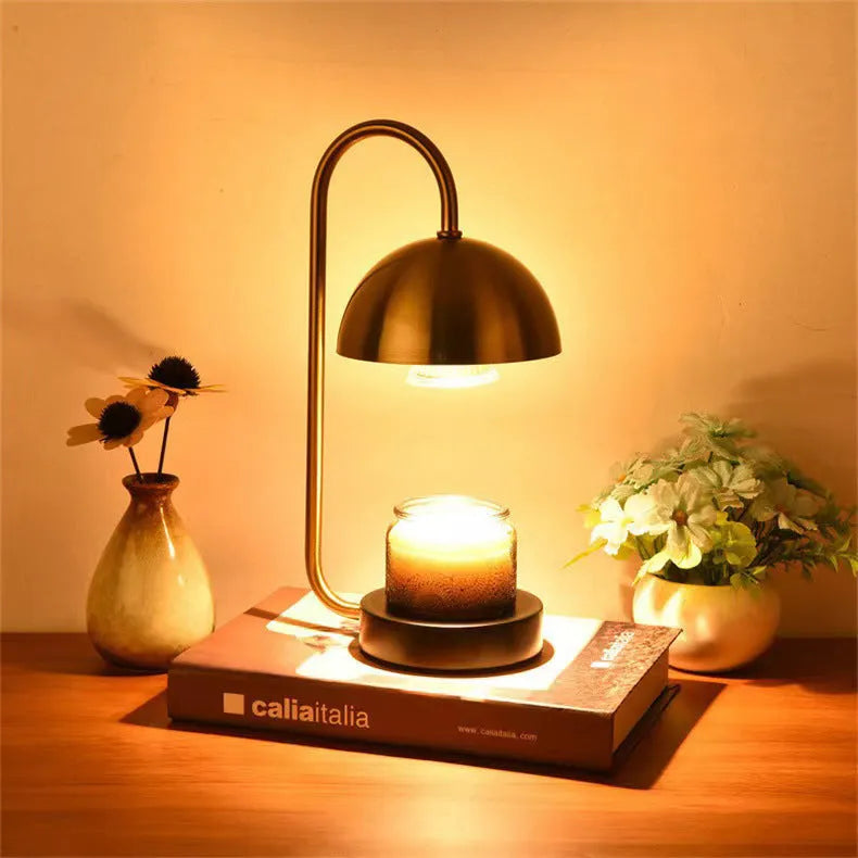 Solid wood aromatherapy wax melting lamp with dimmable knob on a bedside table