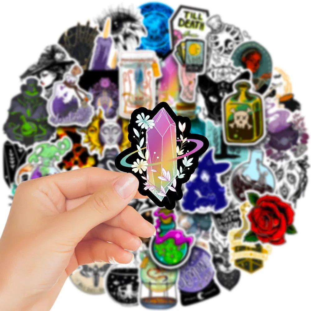 Pack of 50 colourful waterproof PVC glossy stickers for laptops and smooth surfaces.