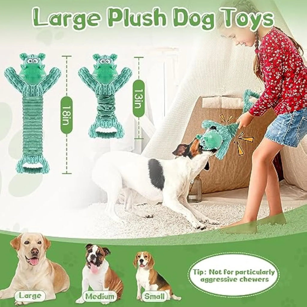 Large plush dog toy with Hippo or Monkey design featuring squeaky and crinkle sounds for interactive play