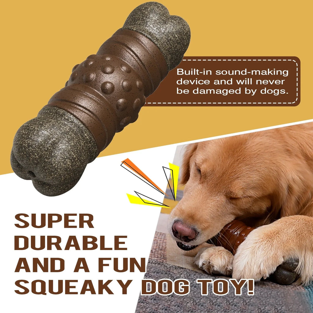 Wood coloured plastic bone-shaped dog toy with textured molar rod dental cleaning design