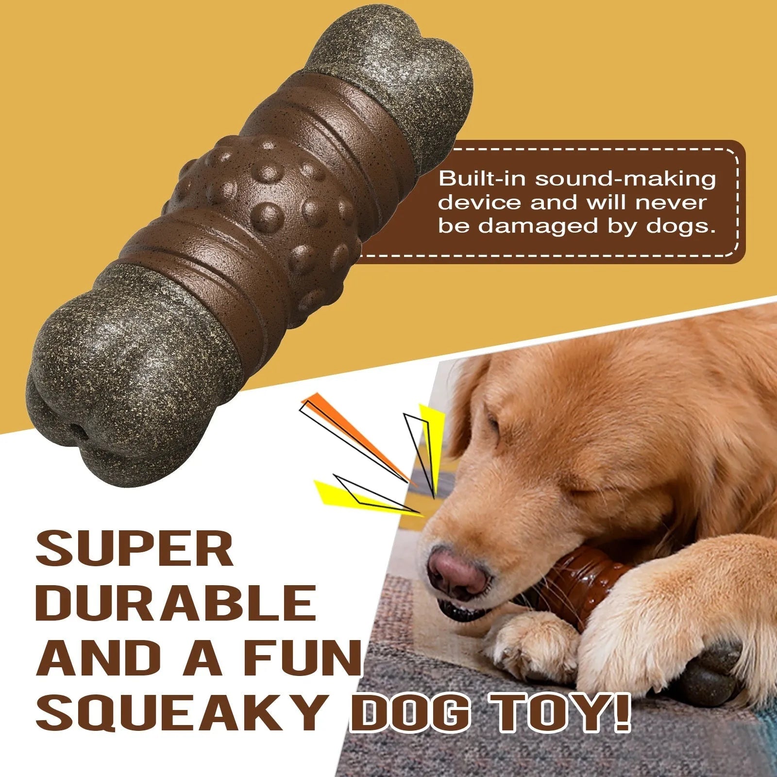 Wood coloured plastic bone-shaped dog toy with textured molar rod dental cleaning design