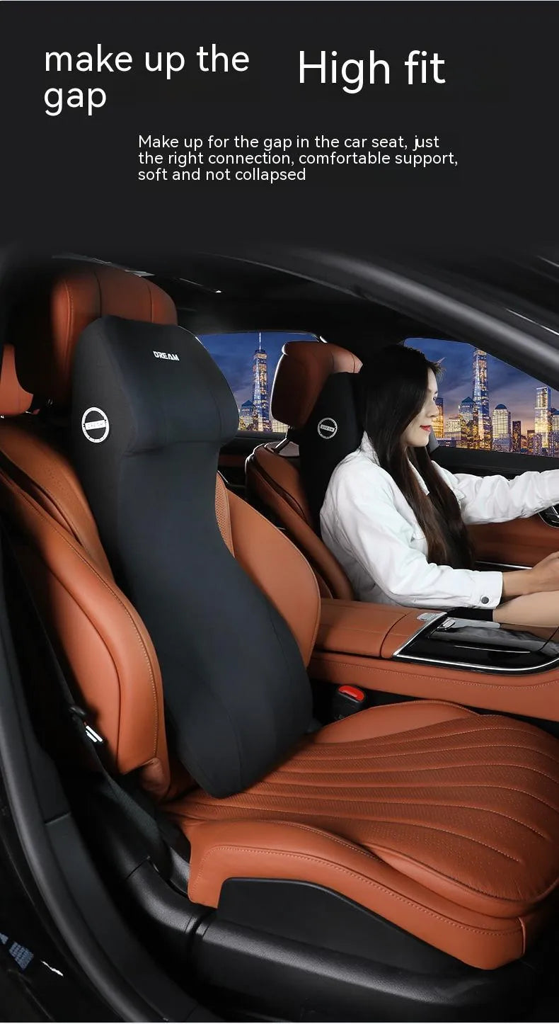 Black automotive memory foam waist cushion and headrest lumbar support pillow set on car seat