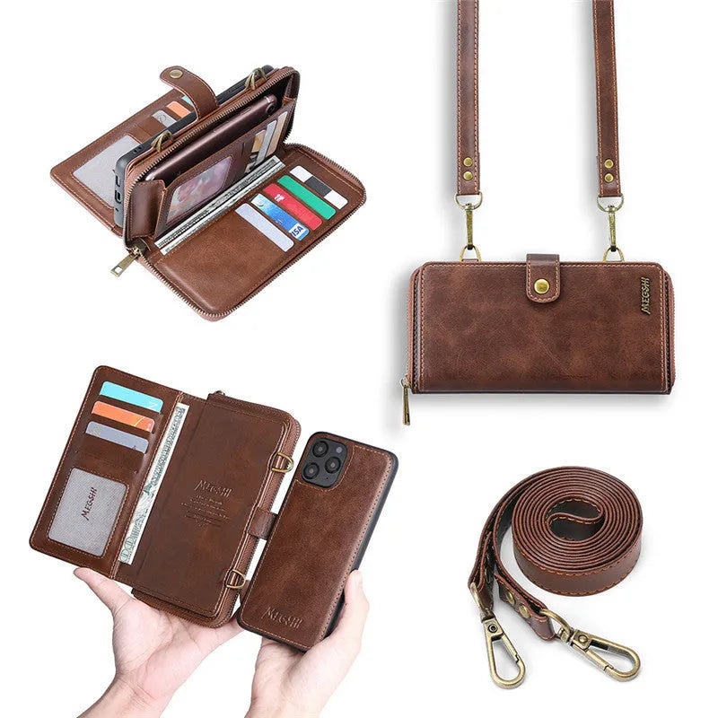 Detachable magnetic wallet phone case in black showing separated protective case and leather cover