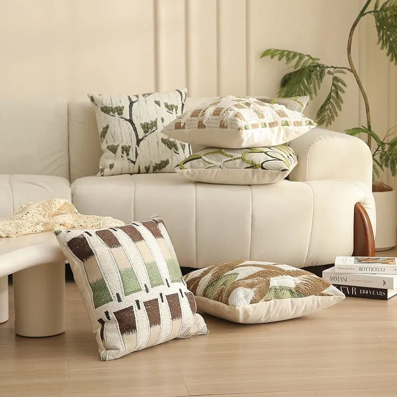 Square Jacquard woven cushion cover with detailed retro botanical pattern in 45x45cm size