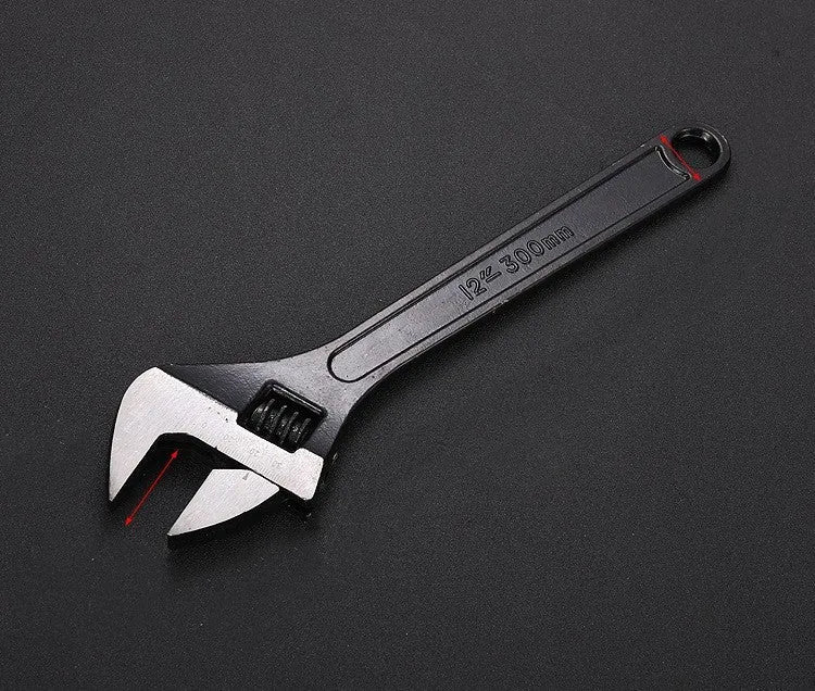 High carbon steel adjustable spanner tool with black finish showing open jaws and ergonomic handle
