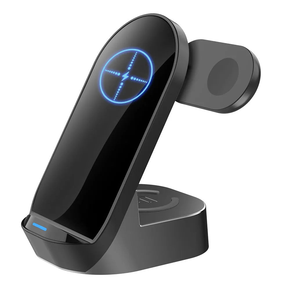 Black grey foldable 3-in-1 wireless charger vertical stand showing phone, watch and headphone charging areas